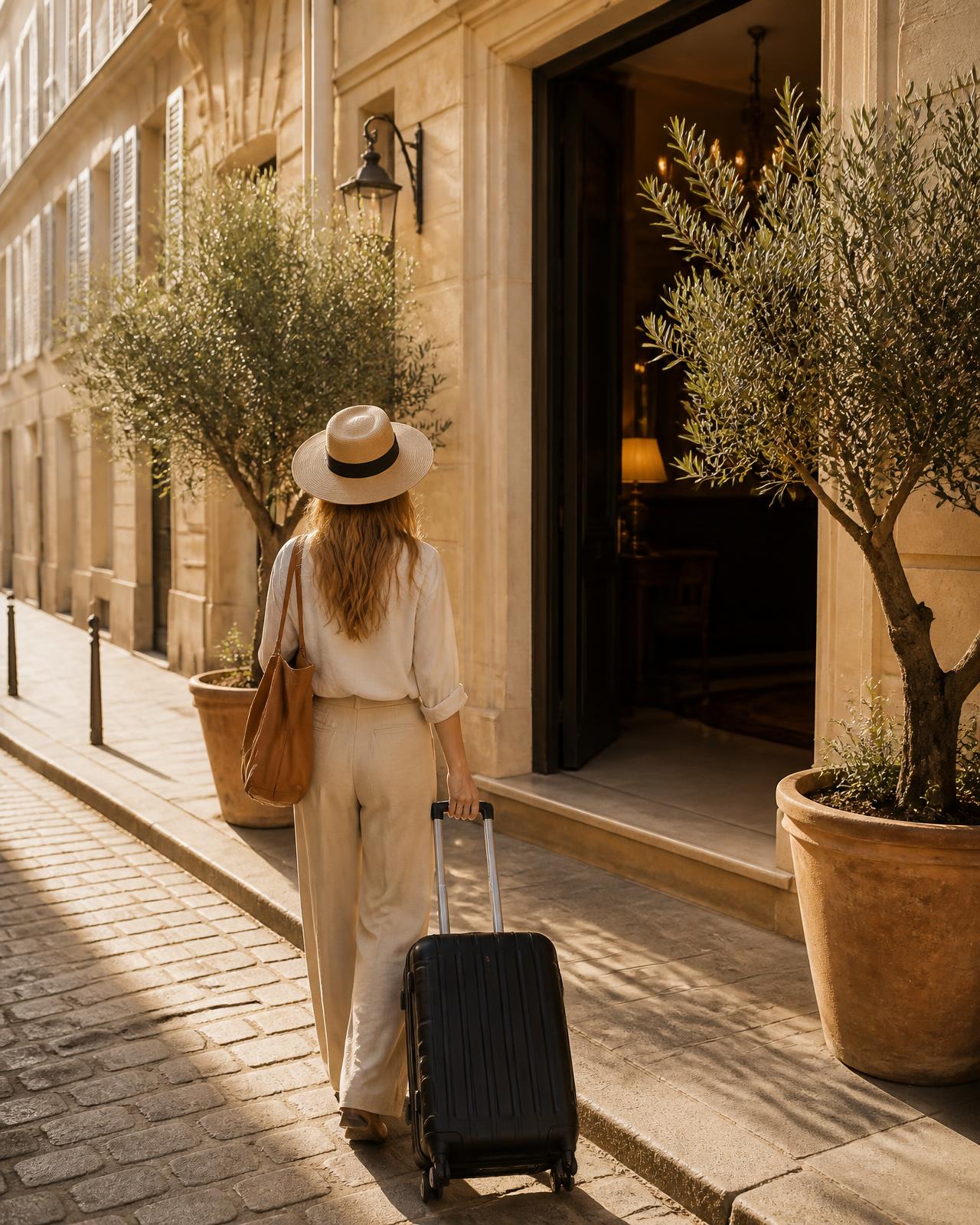 Traveler with luggage arriving at a sunlit boutique hotel entrance