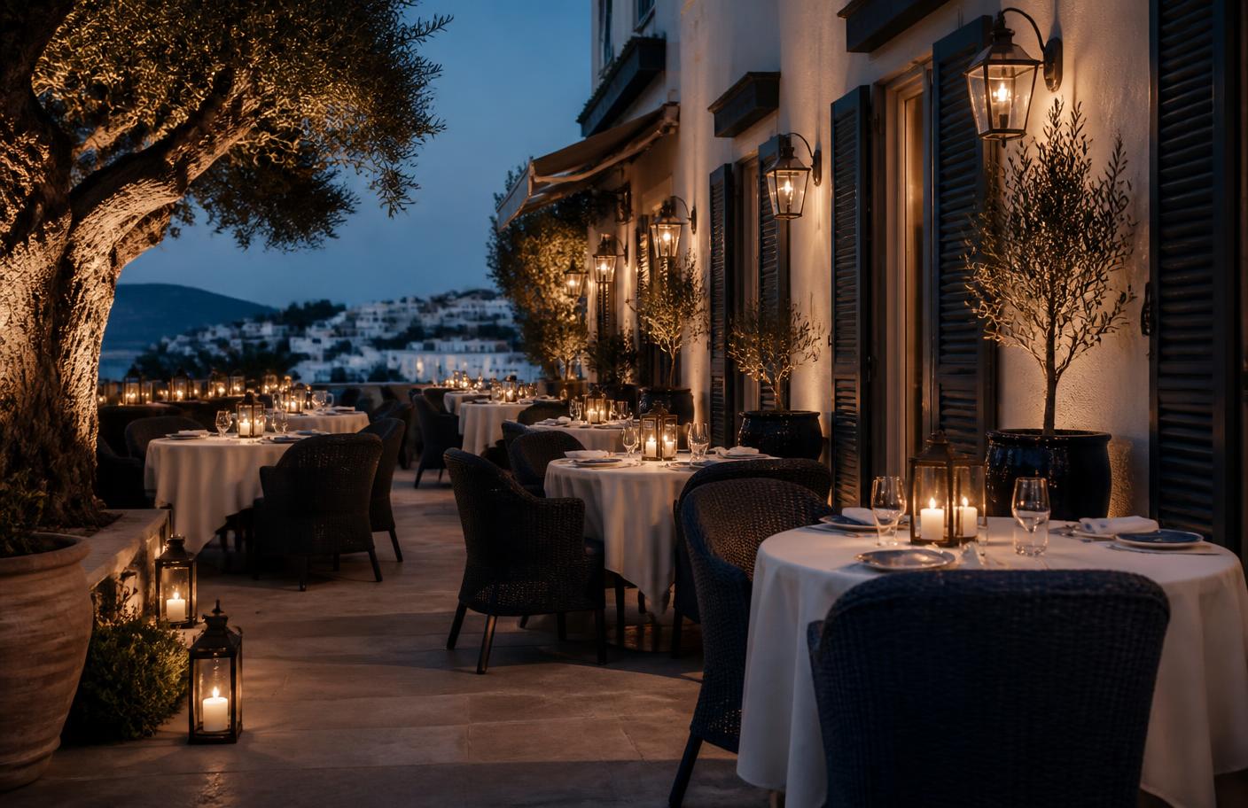Candlelit boutique hotel terrace restaurant in the evening