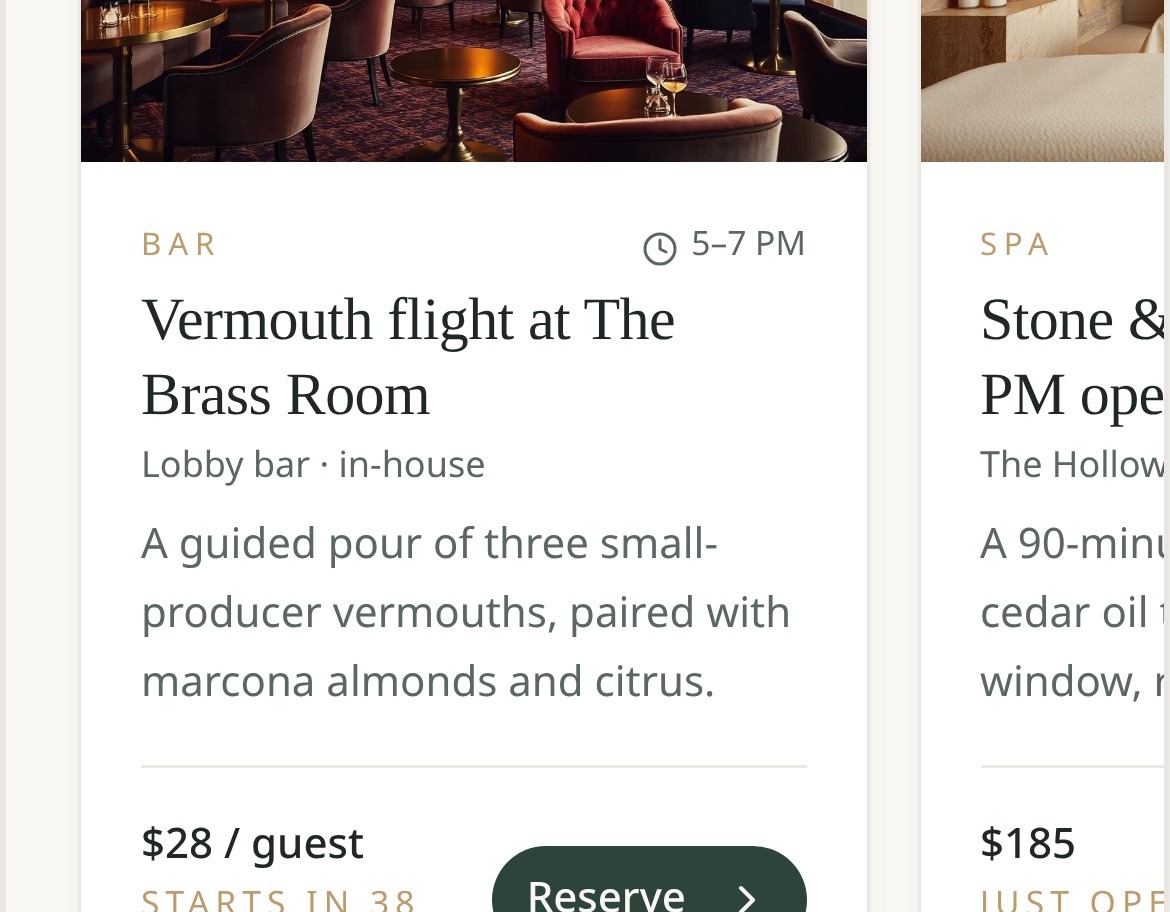 ConnectSuites guest app showing tonight's bar tasting and spa openings with a Reserve action